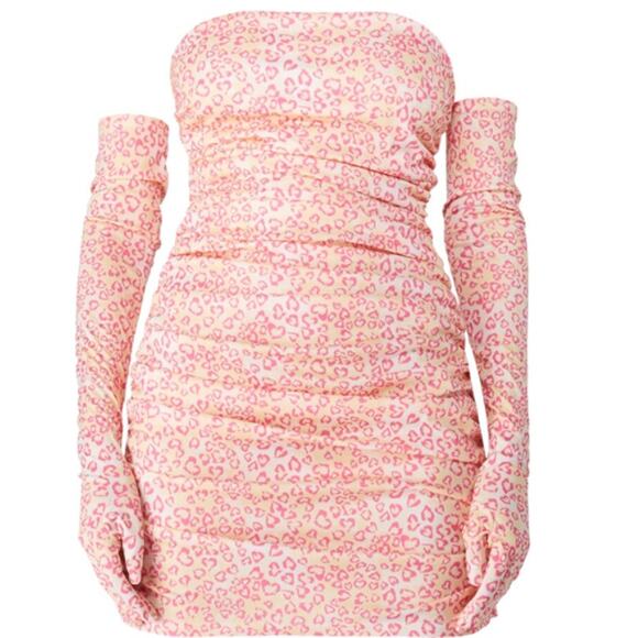 Miscreants Mini Dress & Gloves Yellow & Pink Leopard NWT Size 6 US / 8 UK - Picture 2 of 4